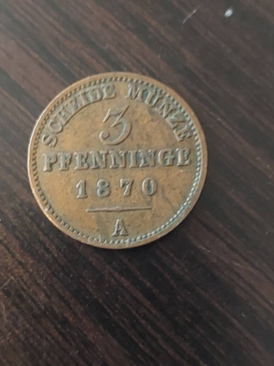 1870a German states, prussia 3 pfenning antique copper coin