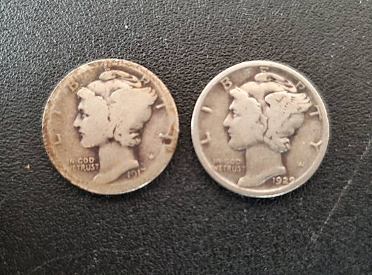 Mercury silver dime pair of two from random collection 1920s and teens dates available,  two 90 percent silver dimes only early dates only