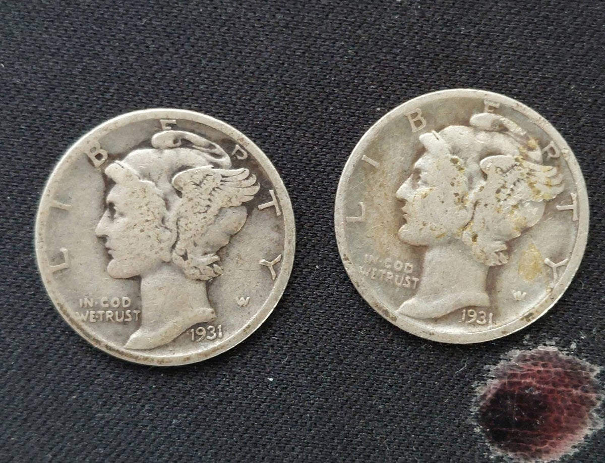 1931s and 1931d mercury dimes, semi key date coins fine to very fine rare low mintage 90 percent silver dimes
