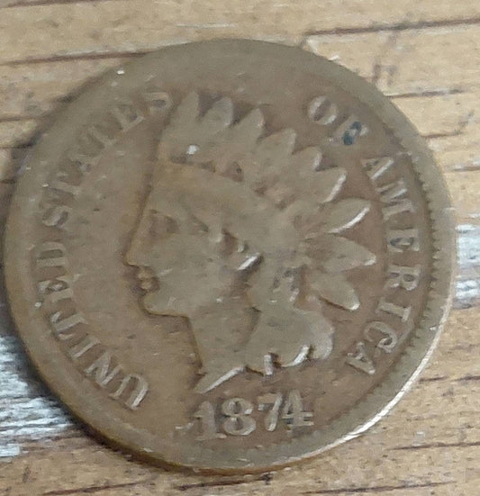 1874 indian head cent, very good plus penny