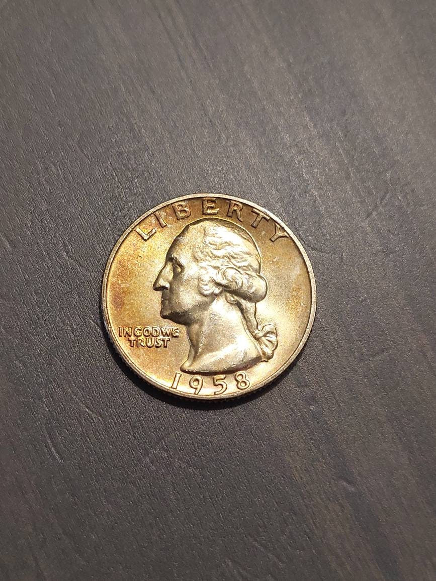 1958d silver Washington quarter, beautiful gold toned uncirculated example