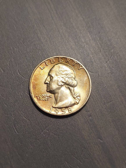 1958d silver Washington quarter, beautiful gold toned uncirculated example