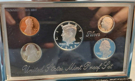 1998s silver proof premier set , includes 90 percent silver coins in beautiful display box. Low mintage set