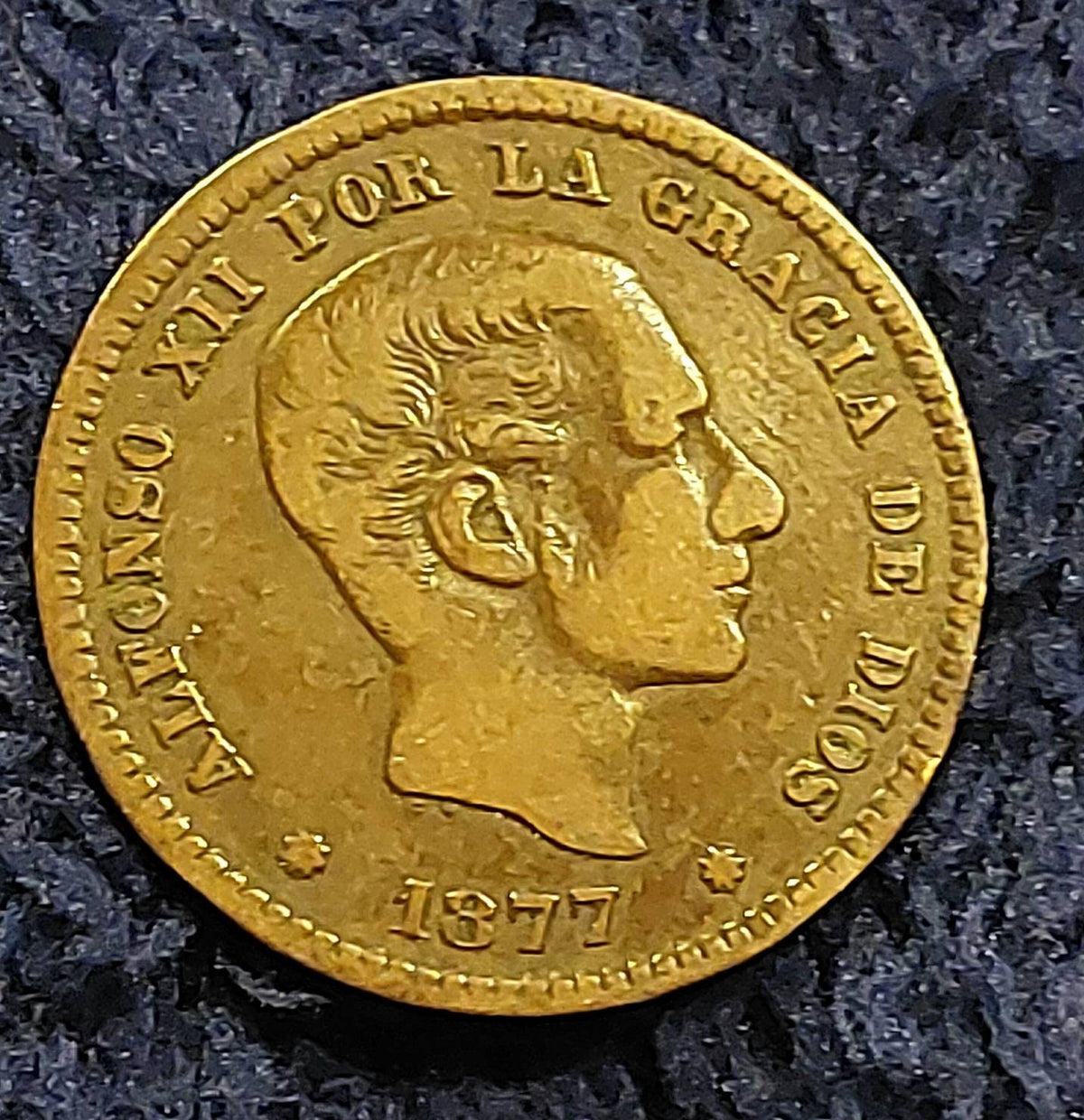 1877 Spain Cinco centimos 1800s copper coin, nice condition world coin, coin collecting