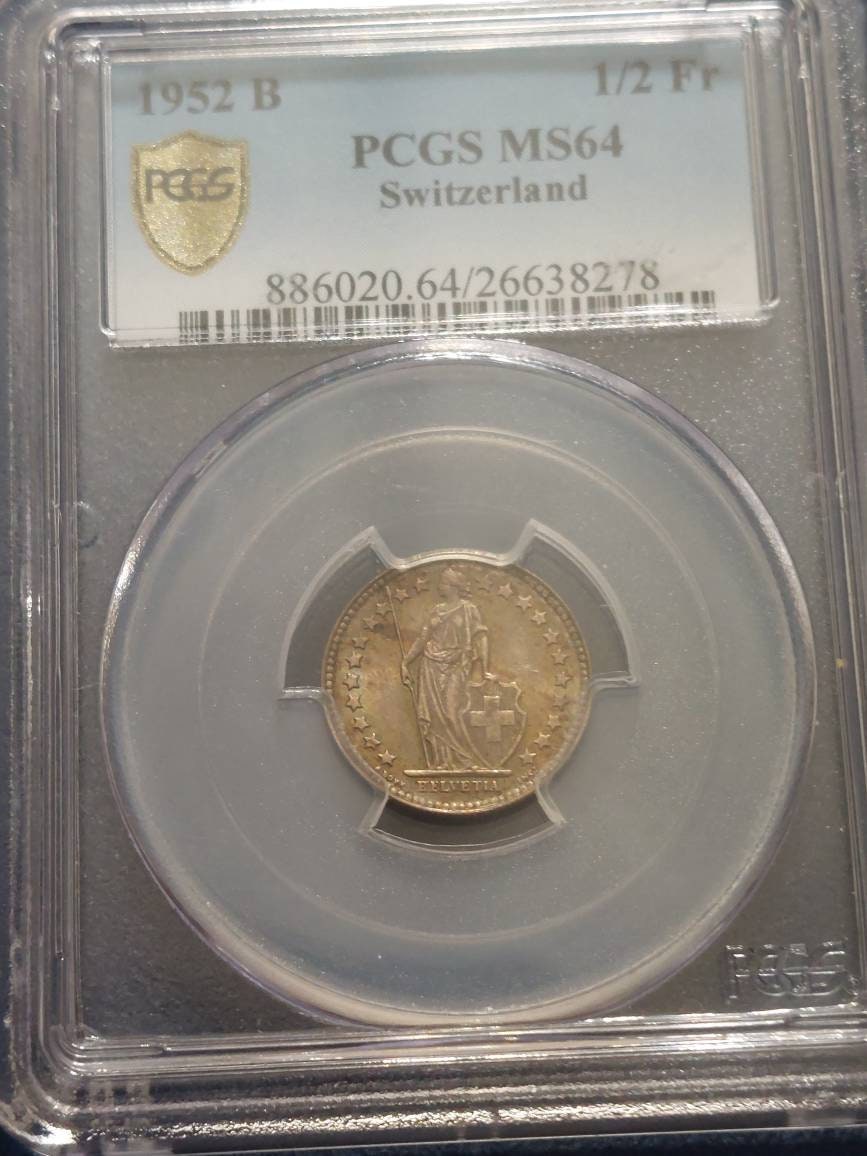 1952b pcgs graded ms64 antiqued toned , Switzerland silver half franc coin,  free shipping