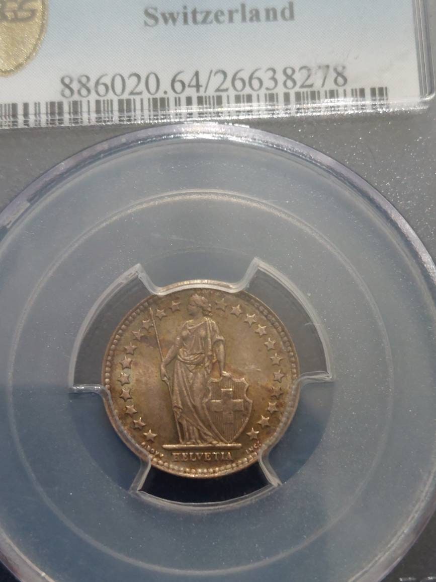 1952b pcgs graded ms64 antiqued toned , Switzerland silver half franc coin,  free shipping