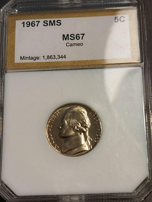 1967 Jefferson nickel, professionally graded ms67 cameo by pci from special mint set, free shipping