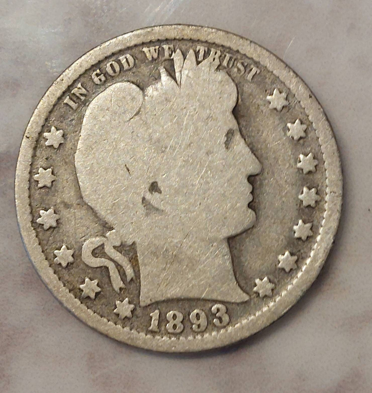 1893p barber silver quarter,  a good coin, early 1800s date