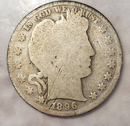 1896p barber half dollar,  Scarce semi key date, mintage under 1 million.  About good, us coins