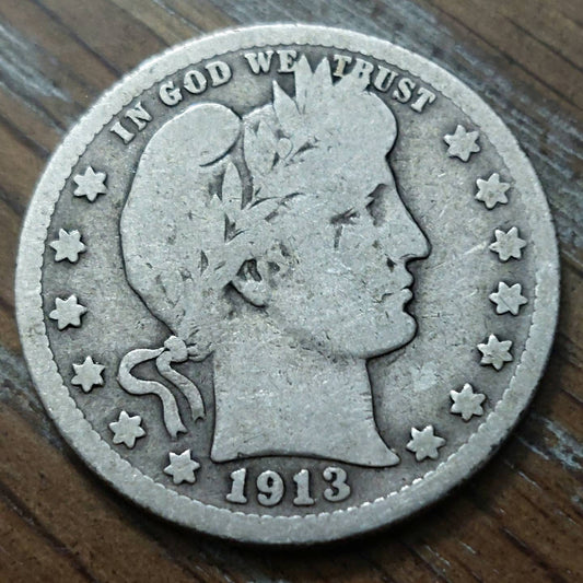 1913d barber silver quarter,  very good condition denver low mintage year!