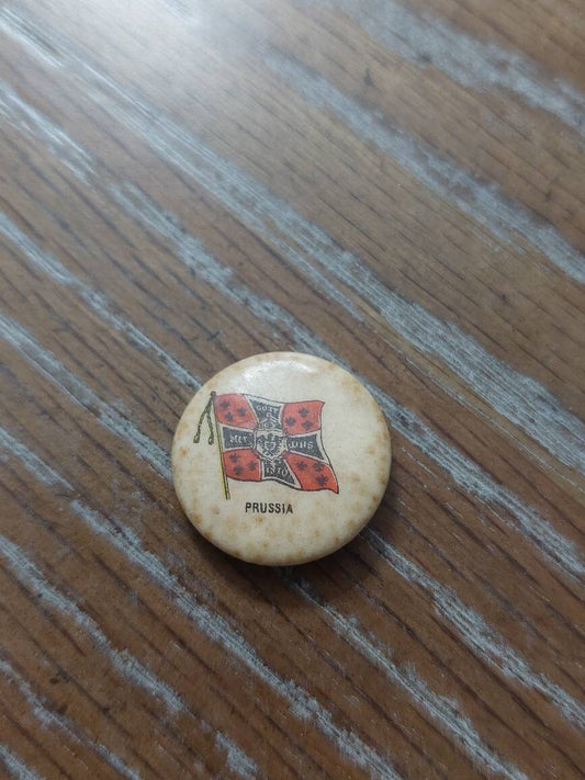 1890s celluloid pinback, advertising token nation of prussia, whitehead and Hoag