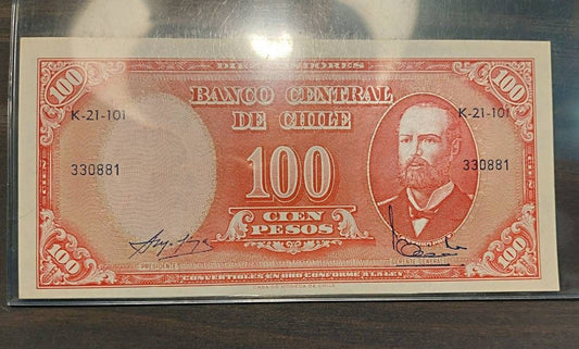 1940s bank of chile, 100 cien pesos bank note, uncirculated