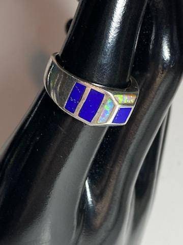 Size 7 vintage sterling silver unique statement ring, opal and cobalt inlay, unisex ring, 6 grams