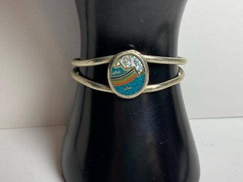 Rainbow mountain scene silver cuff bracelet handmade one of a kind, southwestern sterling cuff bracelet