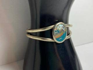 Rainbow mountain scene silver cuff bracelet handmade one of a kind, southwestern sterling cuff bracelet, stunning gifts for her