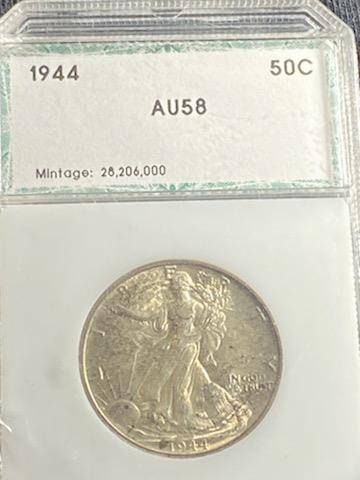 1944 walking liberty silver half dollar, ww2 graded coin AU58 toned by PCI us coins