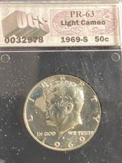 1969s Kennedy 40 percent silver half dollar, silver proof coin grades proof66 light cameo