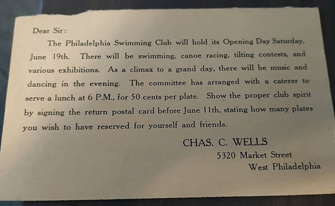 1909 hand addressed and stamped antique postcard, Philadelphia Pennsylvania history-  Philadelphia swimming club