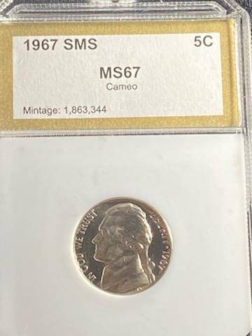 1967 Jefferson nickel special mint set coin, graded sp67 cameo by pci, stunning us coin collecting, free shipping