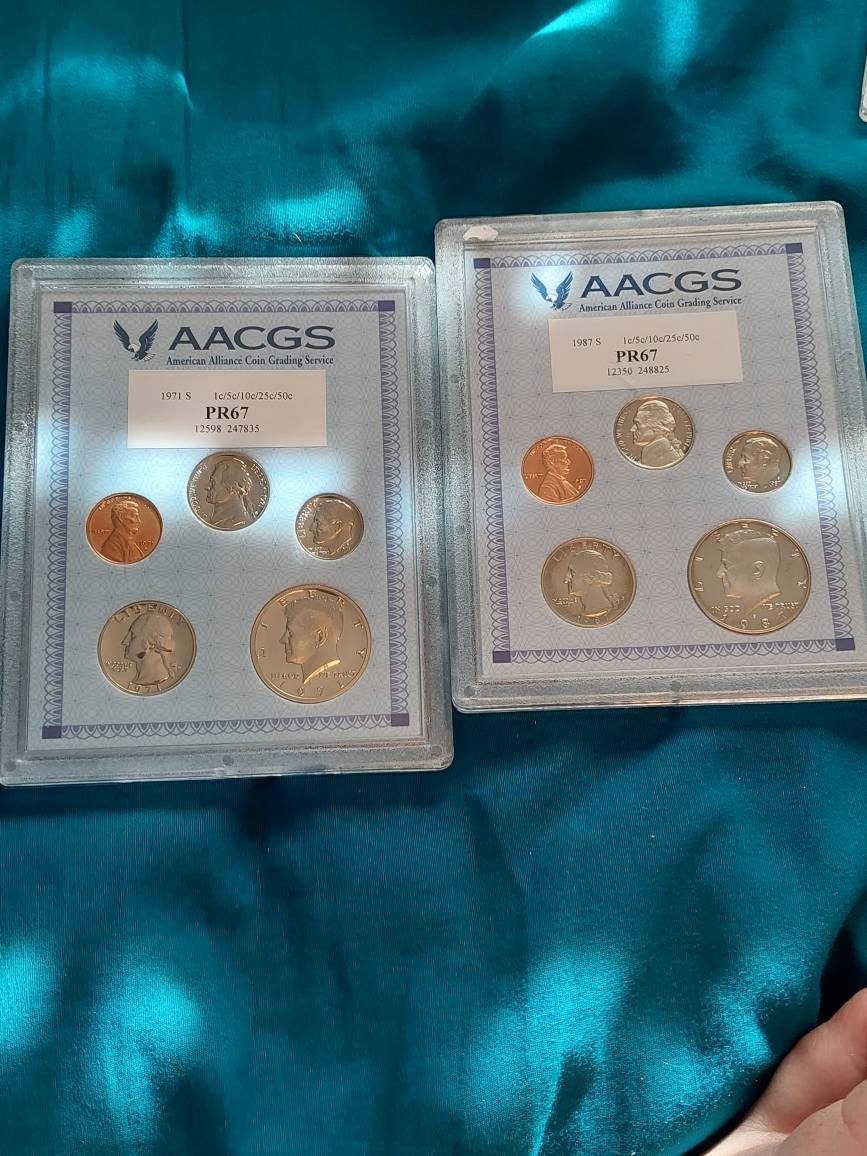 Graded proof set collection, us coins 1971s and 1987s, double coin set, proof 67 graded sets
