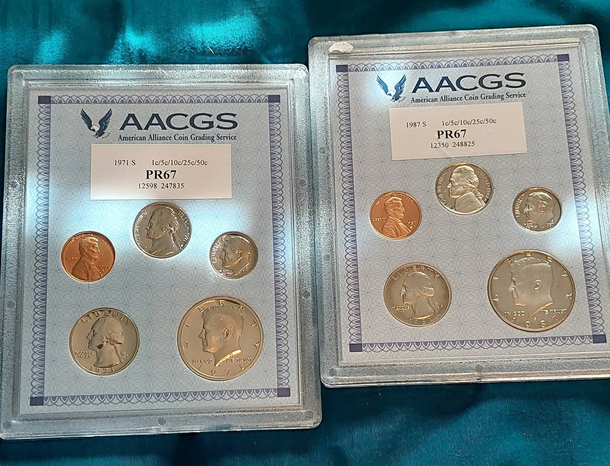 Graded proof set collection, us coins 1971s and 1987s, double coin set, proof 67 graded sets