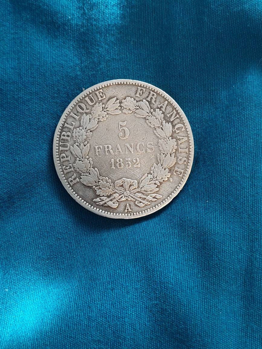 1852a French 5 franc large silver coin, antique European money, coin collecting
