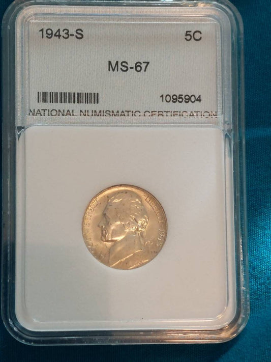 1943s silver Jefferson nickel, war nickel date, uncirculated unique coin, graded ms67