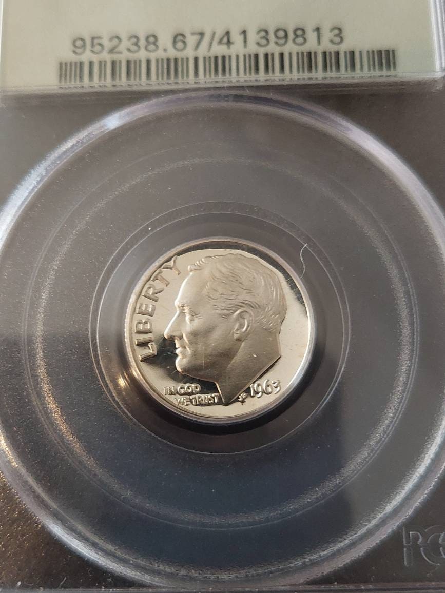 1963 silver Roosevelt dime, graded proof 67 cameo by pcgs in old green holder, us coin collecting