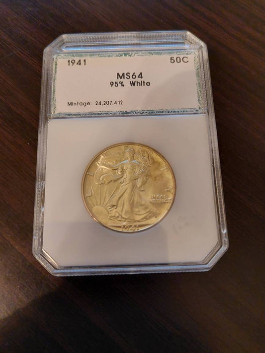 1941 walking liberty silver half dollar coin, graded ms64 golden toned near gem example, us coin collecting