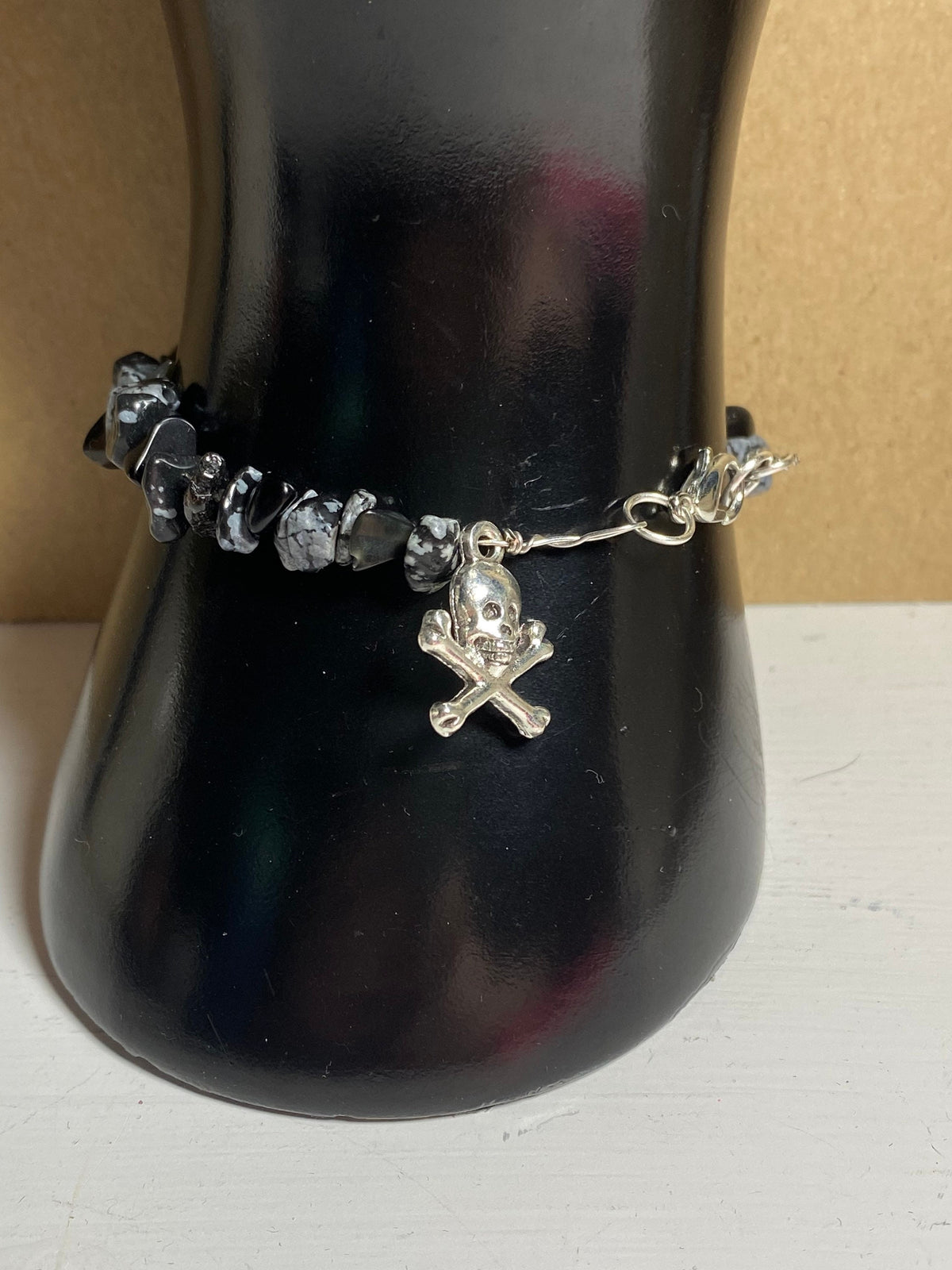 Black crystal skull bracelet, handmade, artisan women's jewelry, unique chic