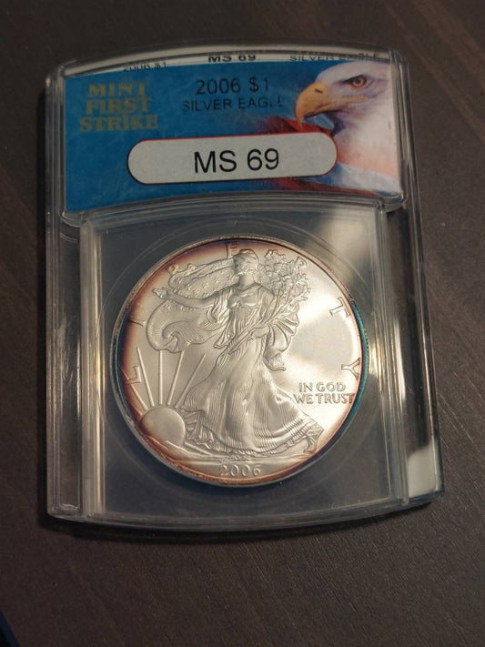 Vintage American silver eagle coin, one ounce silver grades ms69 by anacs with tremendous peripheral toning