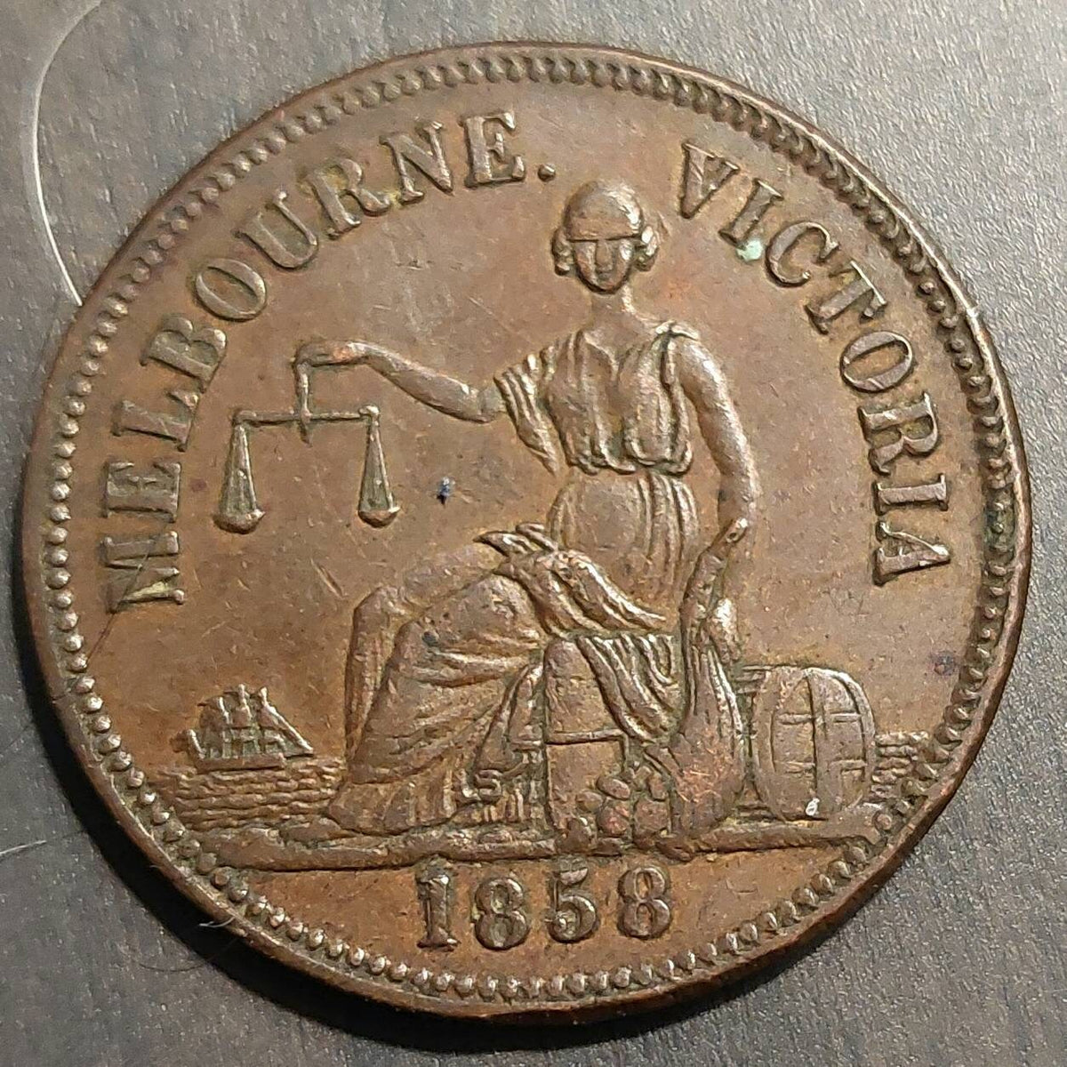 1858 Melbourne Australia one penny bank token, very rare! Queen Victoria large cent copper token-- free shipping