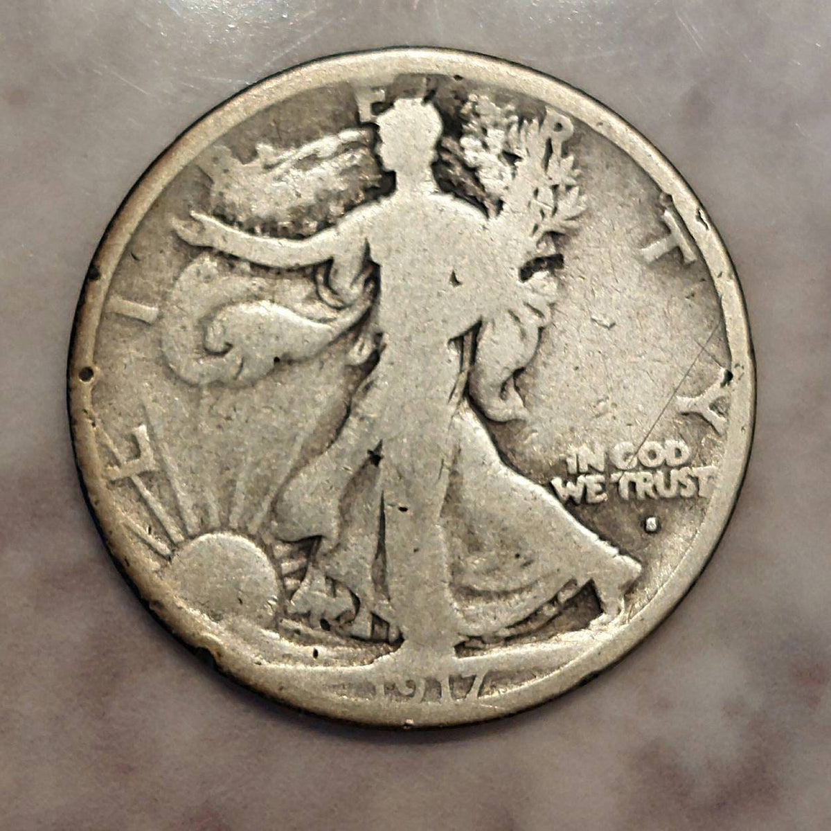 1917s obverse walking liberty silver half dollar, rare semi key date coin, 90 percent silver