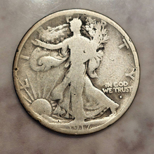 1917s obverse walking liberty silver half dollar, rare semi key date coin, 90 percent silver