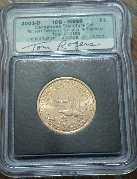 2003d Sacagewa dollar coin, low mintage date ICG grades ms66 signature label series