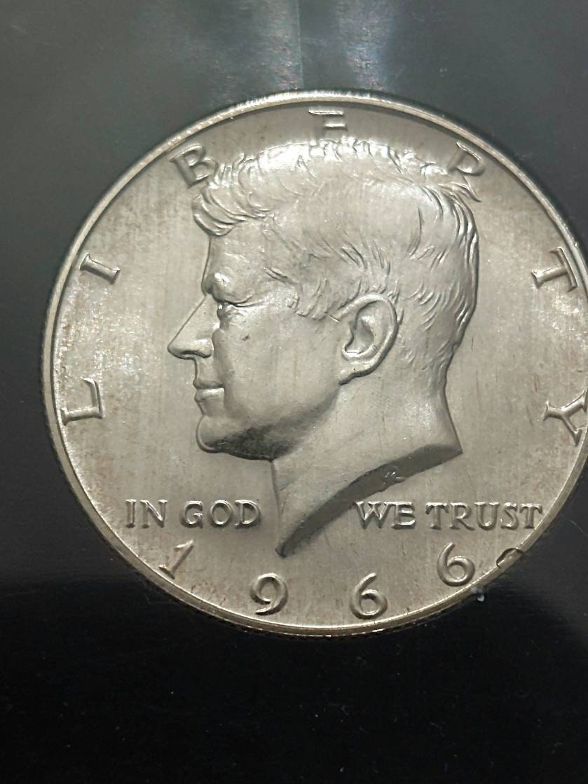 1966 Kennedy half dollar, 40 percent silver coin graded ms65 by third party grader, double profile variety