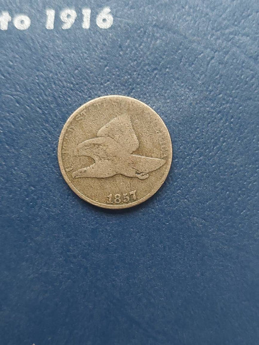1857 us flying eagle cent coin, antique American small copper penny. Coin collecting