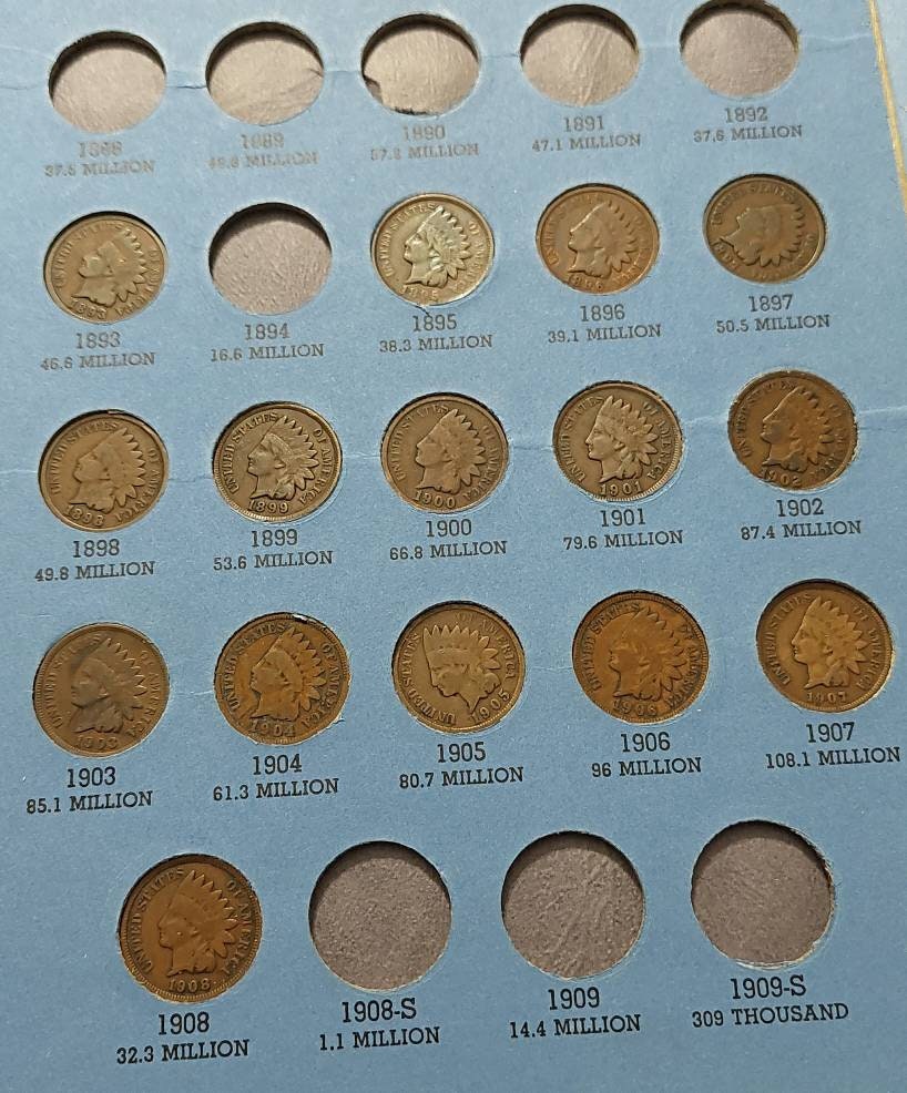 Indian head cent collection in vintage Whitman blue albulm, 16 coins including a 1876 semi key date. Ships free. Look!