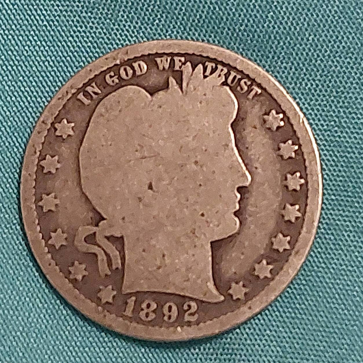 1892p silver barber quarter,  first year of issue good condition