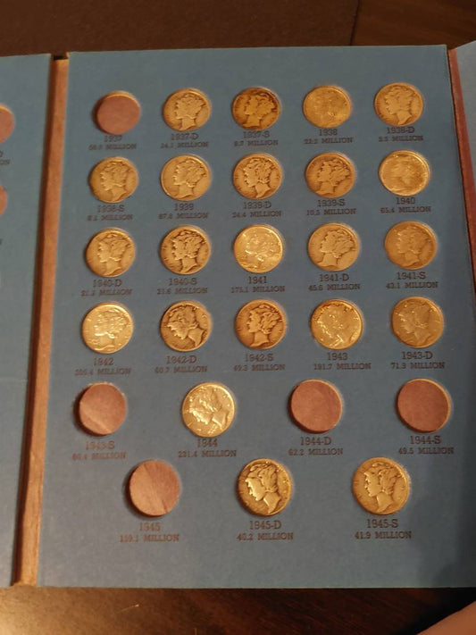 33 mercury silver dime,  vintage us coin book, gifts for him, includes better 1931d date, and 4 almost uncirculated 1940s coins