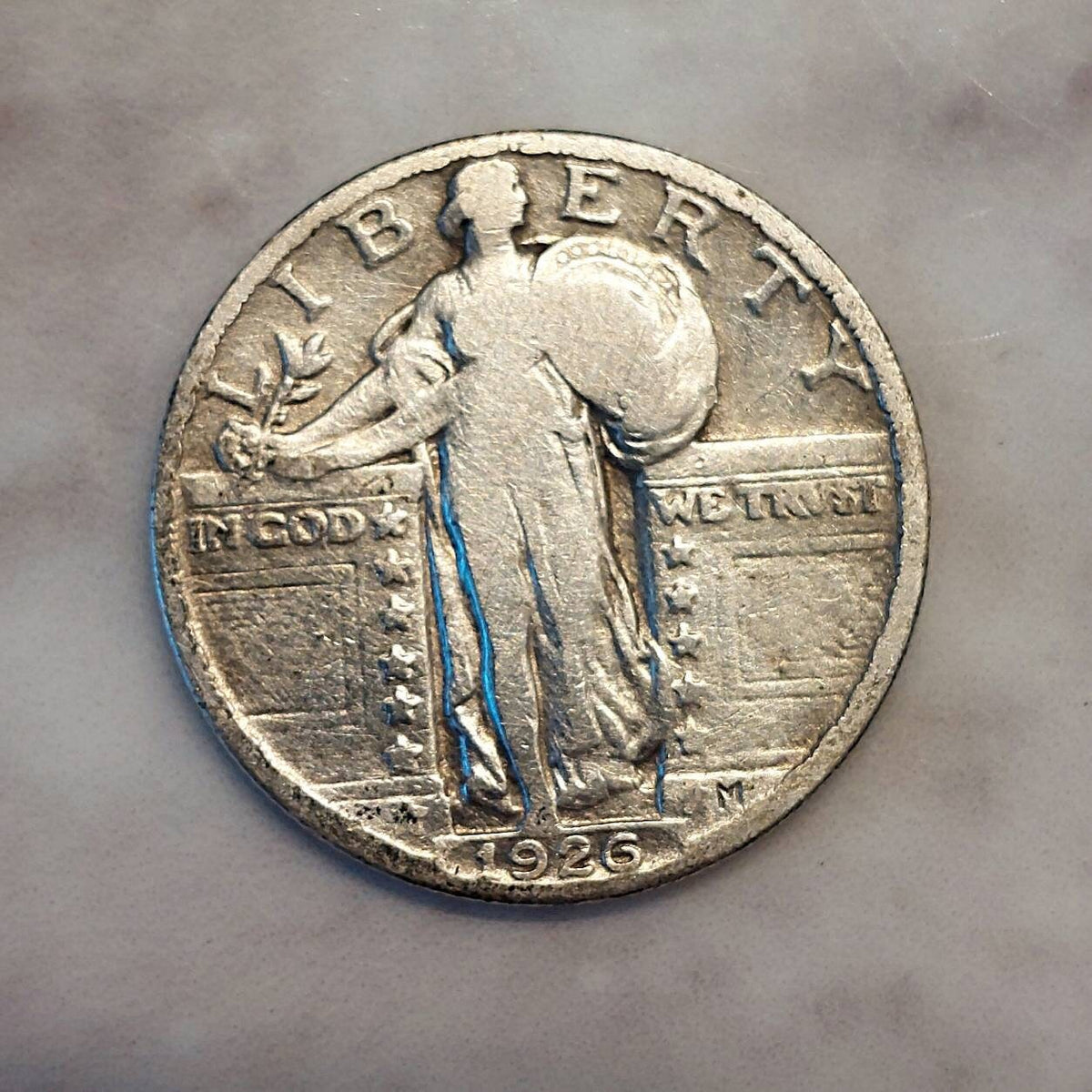 1926 standing liberty quarter, strong fine/very fine detailed coin. 90 percent silver