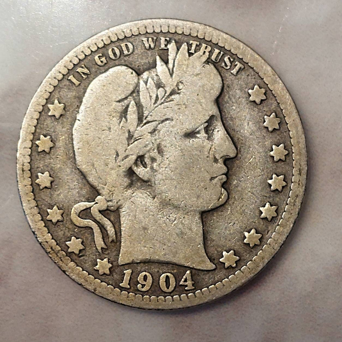 1904p silver barber quarter,  very good partial liberty, 90 percent silver coin