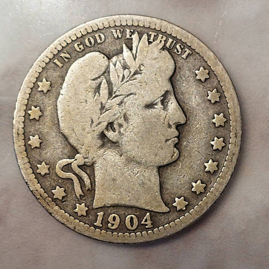 1904p silver barber quarter,  very good partial liberty, 90 percent silver coin