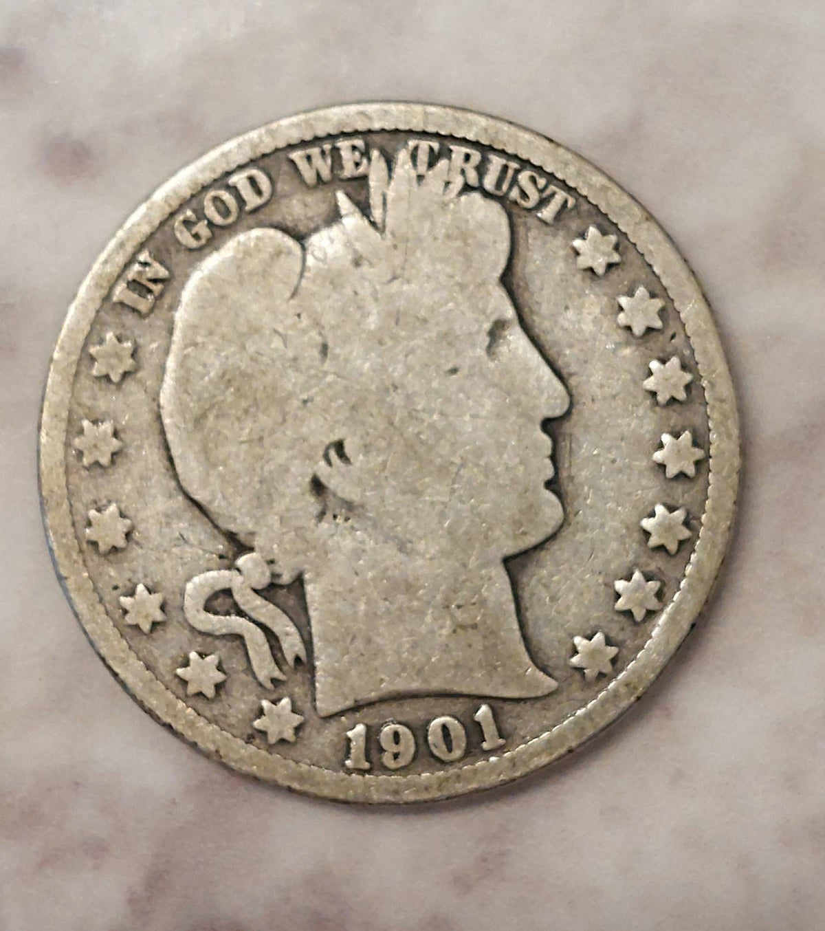 1901o barber half dollar,  scarce new orleans mint date,only a bit over a million made