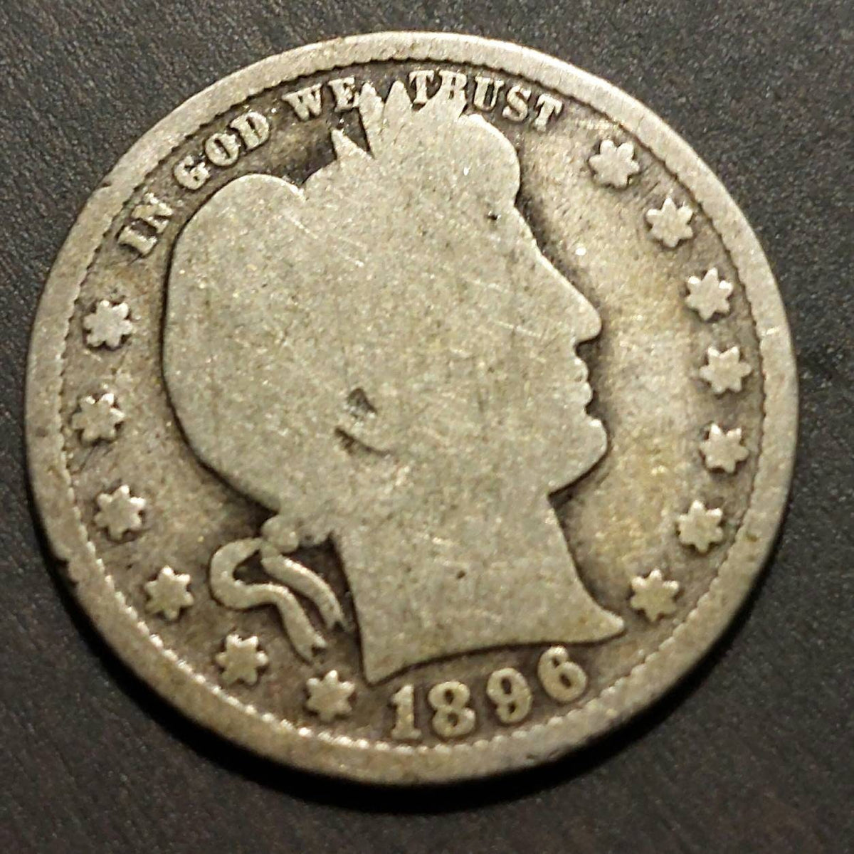 1896p barber silver quarter, good condition,  early barber coin