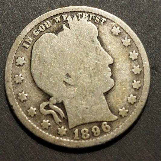 1896p barber silver quarter, good condition,  early barber coin