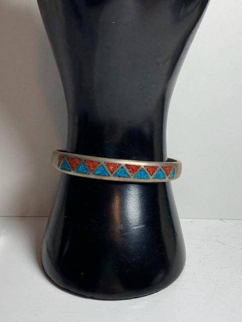 Southwestern silver bracelet thick sterling precious metal with coral and turquoise, unisex jewelry weighs almost an ounce