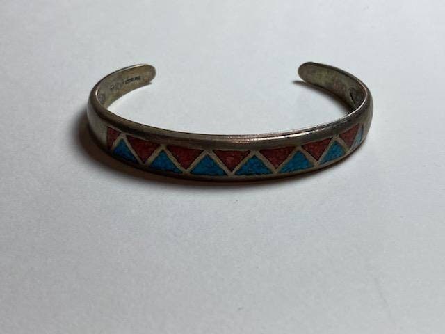 Southwestern silver bracelet thick sterling precious metal with coral and turquoise, unisex jewelry weighs almost an ounce