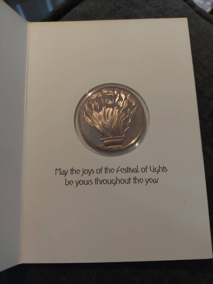 Vintage Jewish happy hannakuah card, with large bronze medallion for celebration of the holidays,  coin collecting
