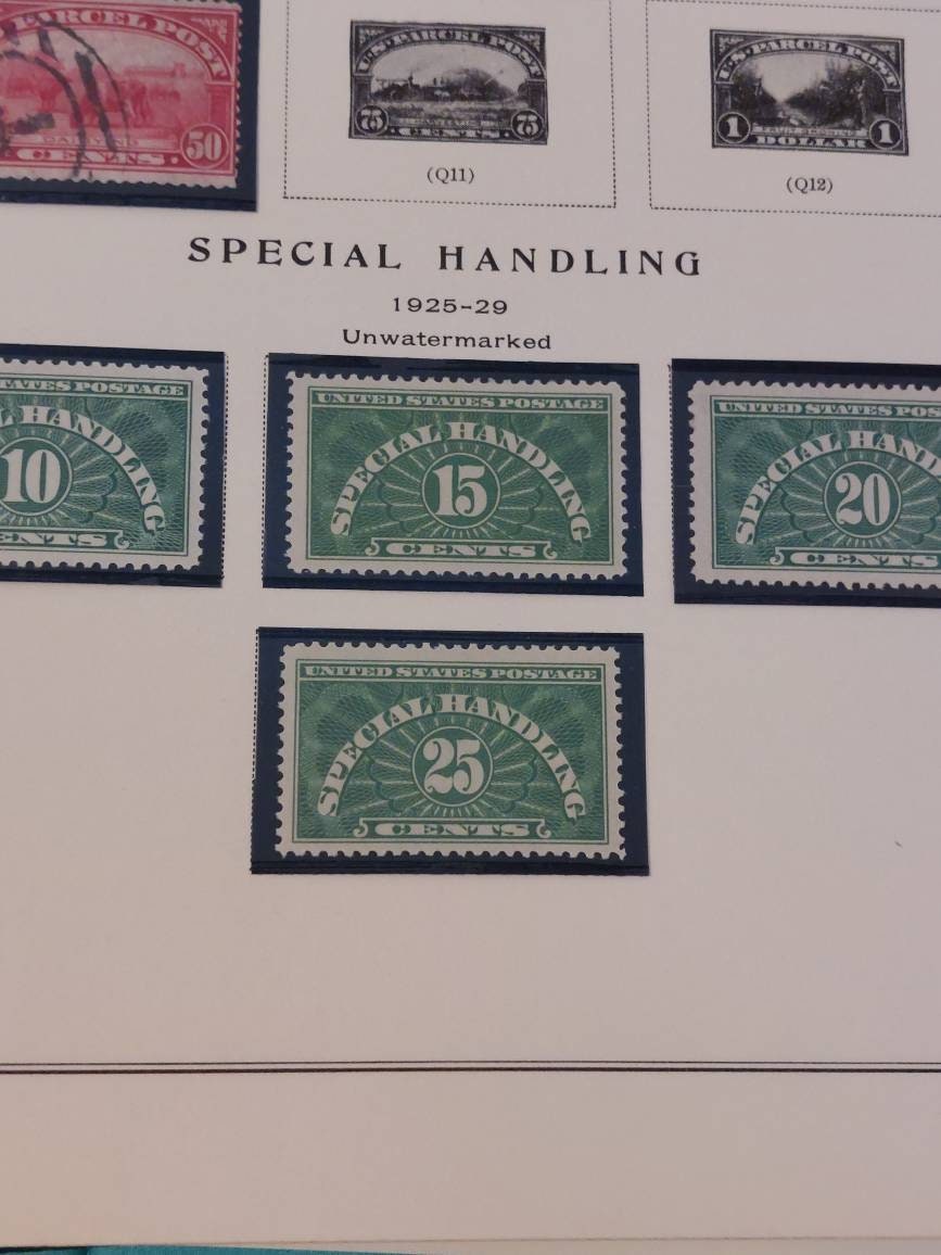 1925 special handling stamp lot, 4 mint unhinged us antique stamps, 10, 15, 20, 25 green stamp set, gifts for him